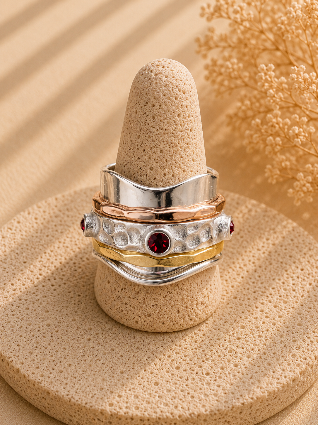 Garnet Crystal Tri-Tone Spinner Ring