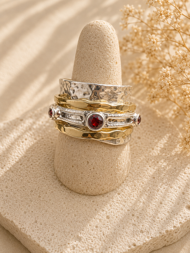 Garnet Crystal 2 Tone Spinner Ring