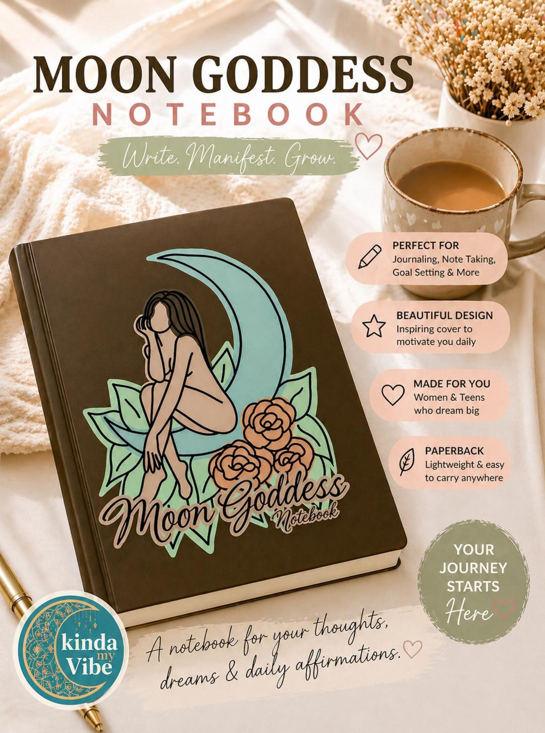 Moon Goddess Lined Journal: Celestial Goddess, Floral Design, Self-Care Notebook