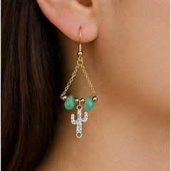 Gold Chain Drop Earrings with Cactus Charm