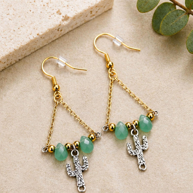 Gold Chain Drop Earrings with Cactus Charm