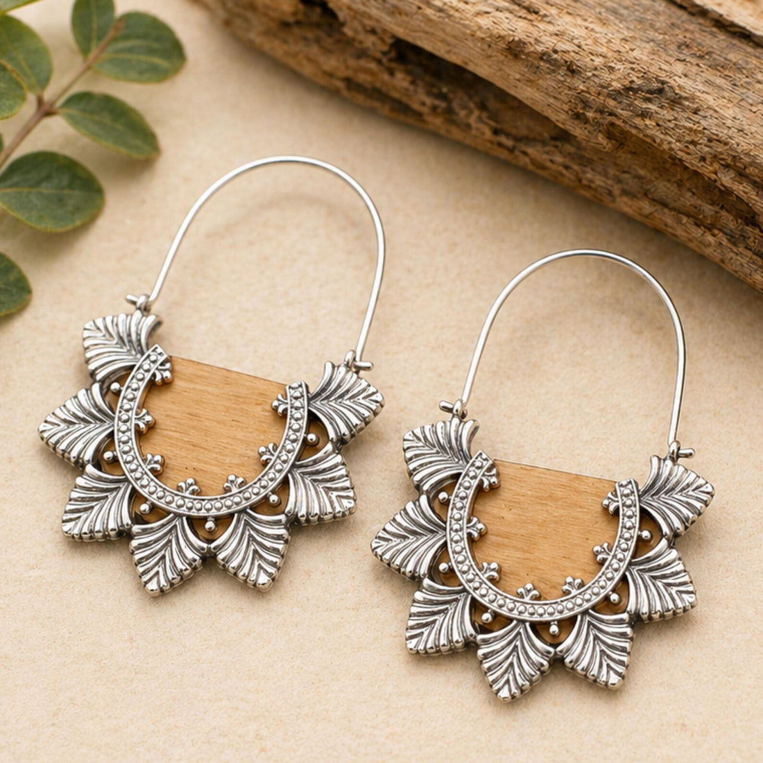 Boho Wood & Gold Hoop Earrings