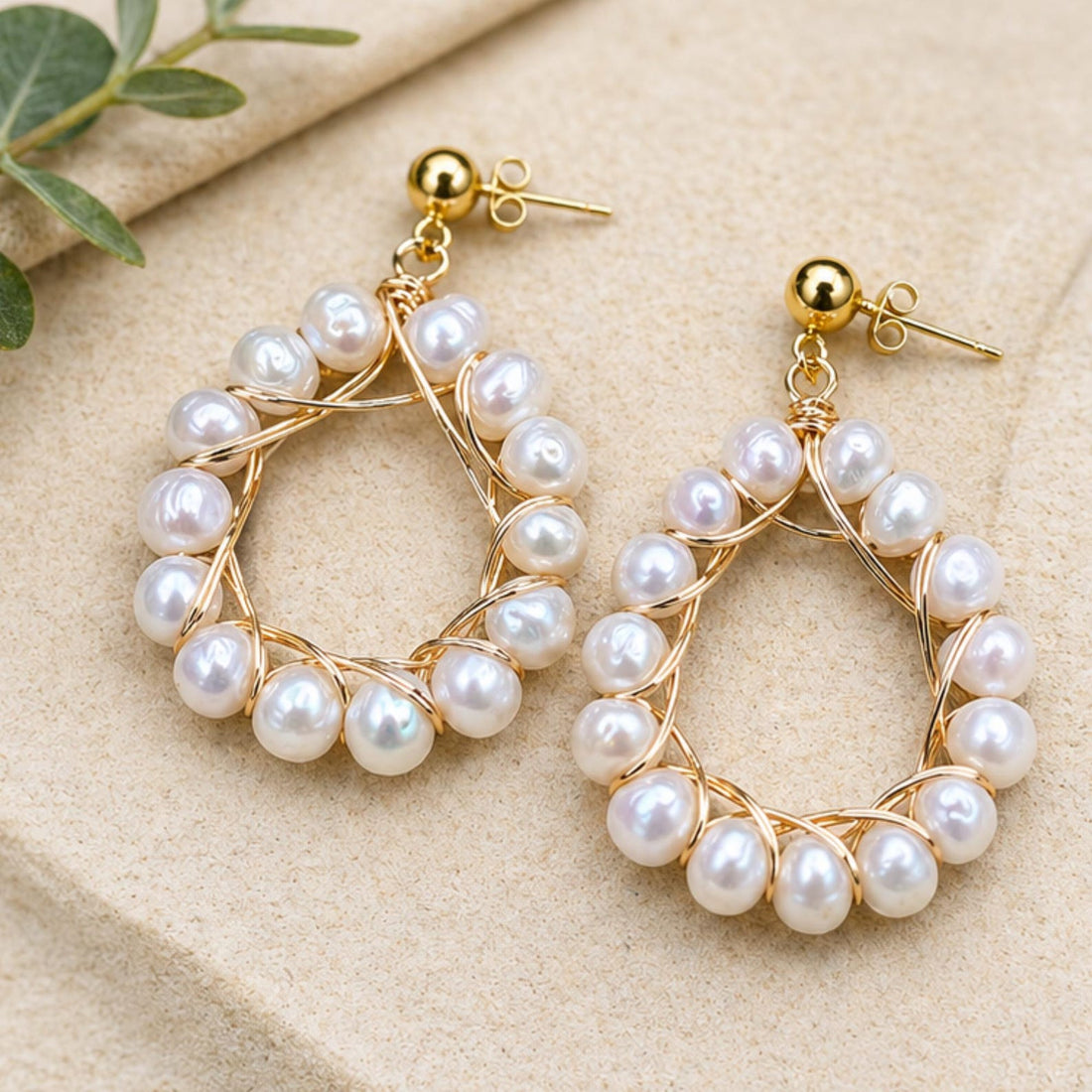 Elegant Gold Woven Pearl Hoop Earrings With Gold Post