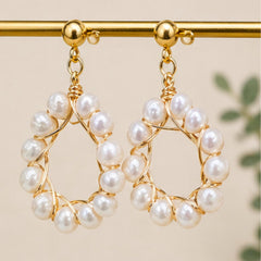 Elegant Gold Woven Pearl Hoop Earrings With Gold Post