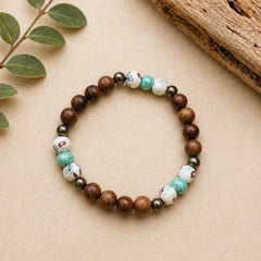 Floral & Wooden Beaded Stretch Bracelet