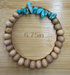Turquoise Chip &amp; Natural Wood Stretch Bead Bracelet