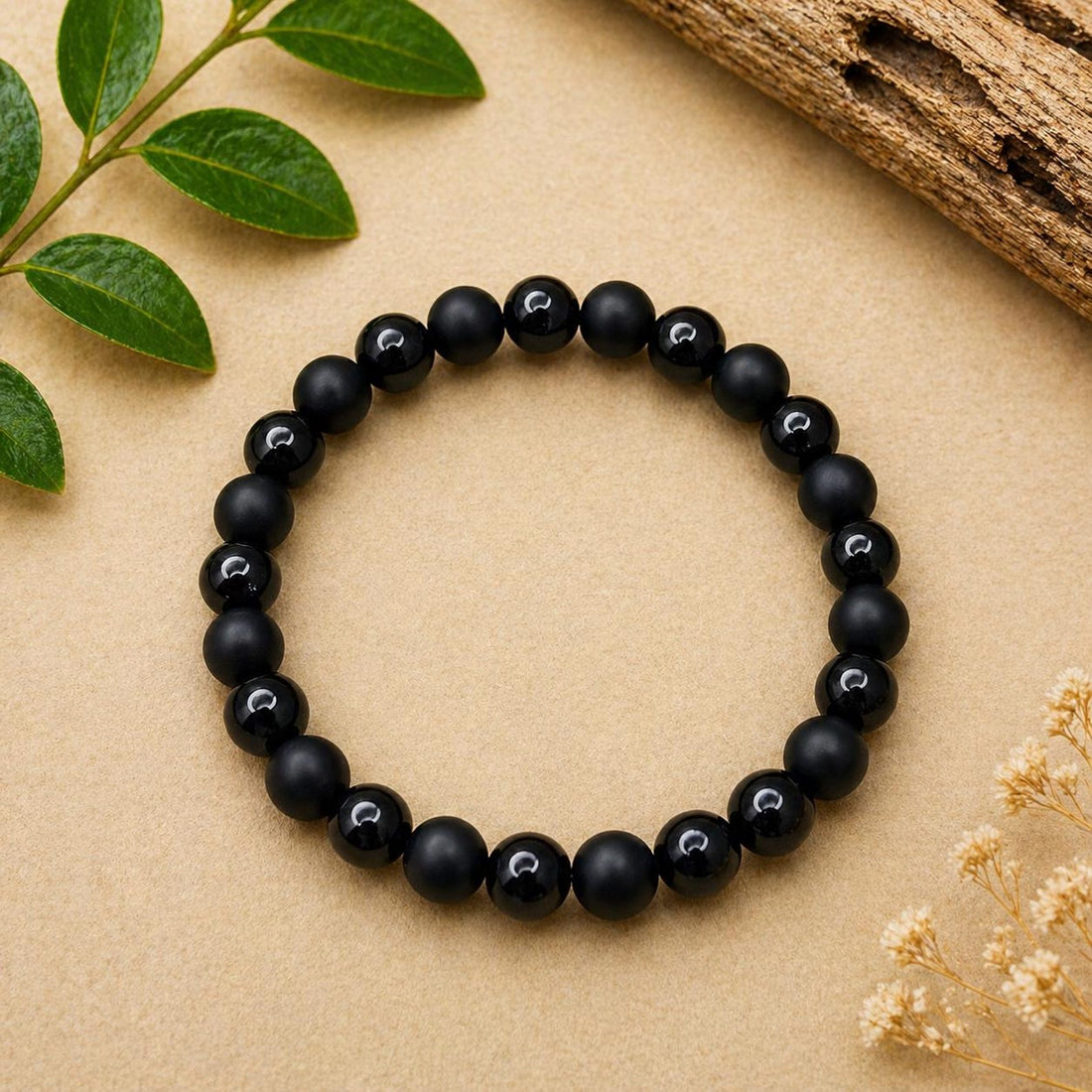 Matte & Glossy Black Beaded Stretch Bracelet
