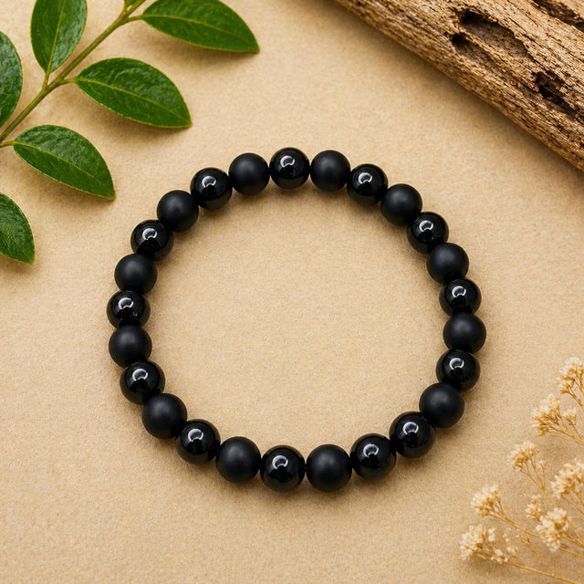 Matte & Glossy Black Beaded Stretch Bracelet