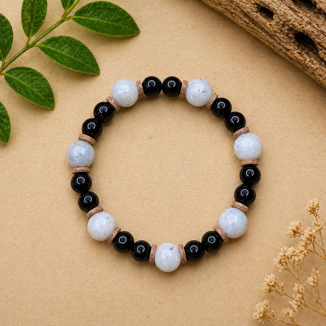 Labradorite & Black Bead Bracelet with Leather Spacers