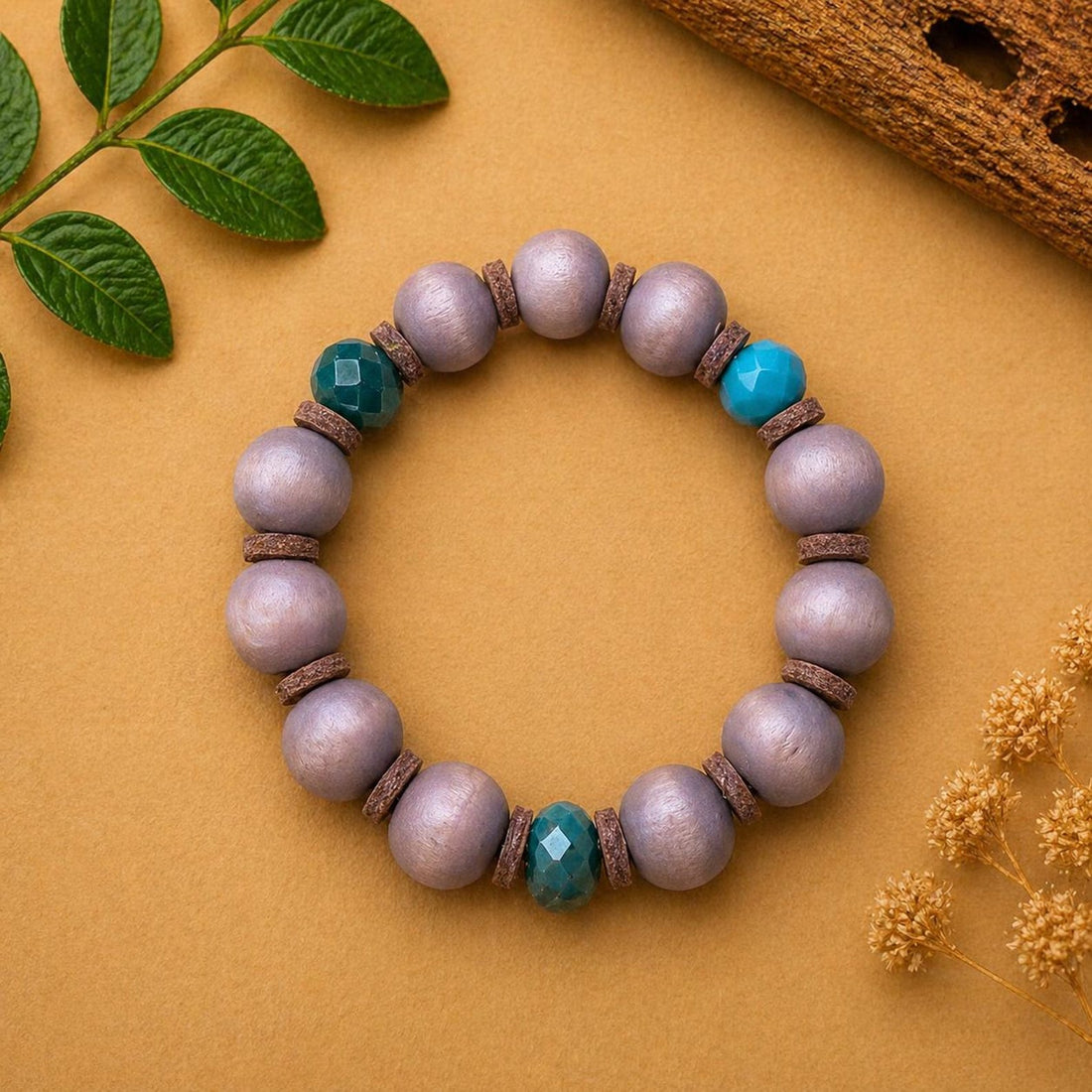 Boho Stretch Bracelet with 3 Accent Beads & Leather Spacers