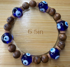 Evil Eye Bead Bracelet with Wooden Beads & Leather Spacers
