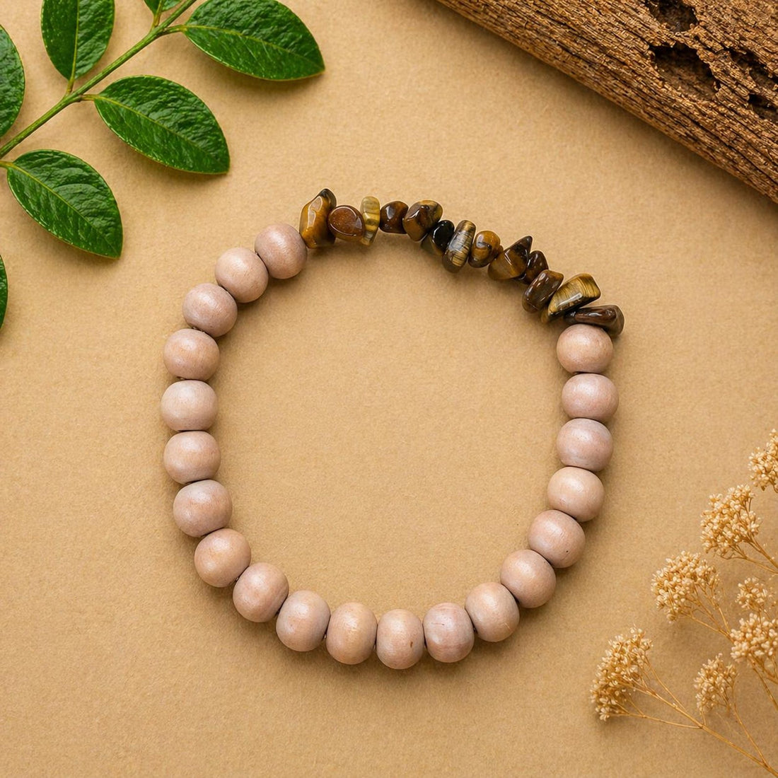 Tiger’s Eye Chip and Light Wood Bracelet