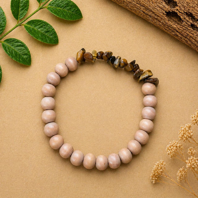 Tiger’s Eye Chip and Light Wood Bracelet