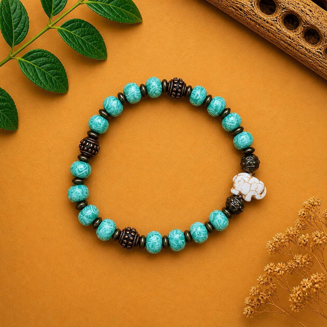 Elephant & Mint Green Boho Beaded Bracelet