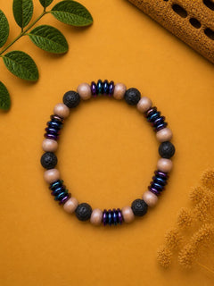 Lava Stone & Wood Bead Bracelet with Iridescent Spacers
