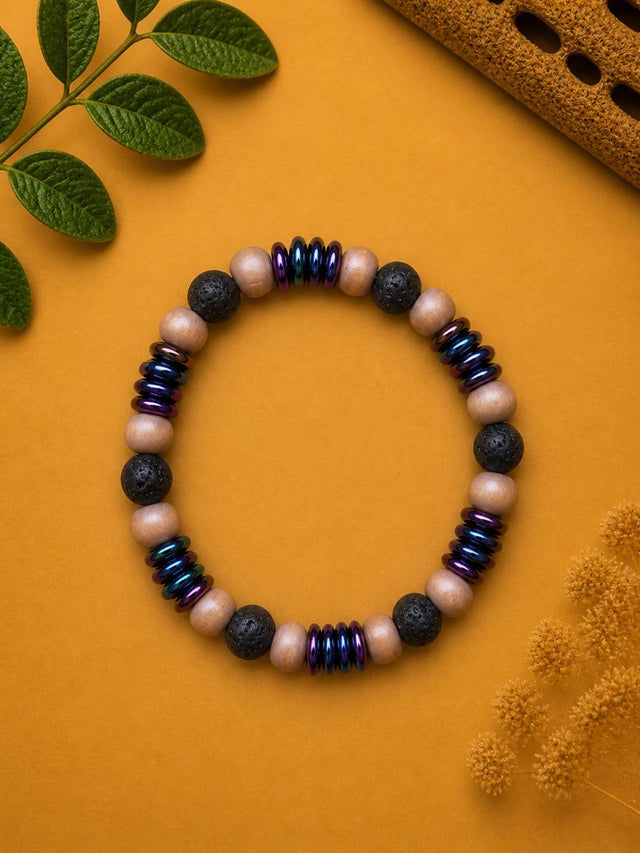Lava Stone & Wood Bead Bracelet with Iridescent Spacers