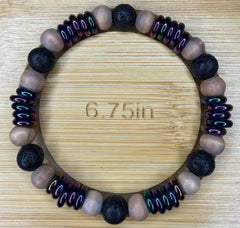 Lava Stone & Wood Bead Bracelet with Iridescent Spacers