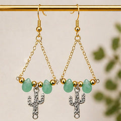 Gold Chain Drop Earrings with Cactus Charm