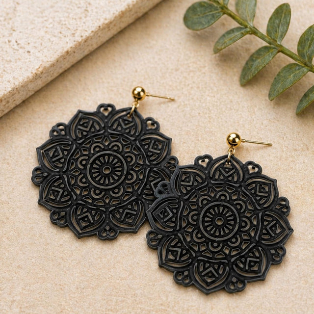 Black Mandala 3D Printed Earrings