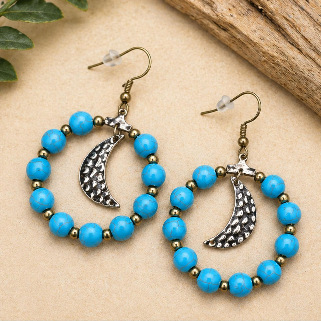 Turquoise Beaded Crescent Moon Hoop Earrings