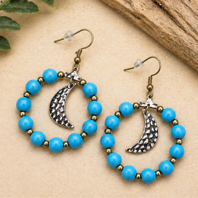 Turquoise Beaded Crescent Moon Hoop Earrings