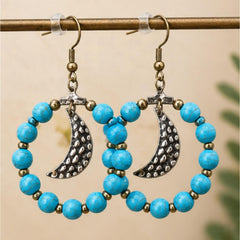 Turquoise Beaded Crescent Moon Hoop Earrings