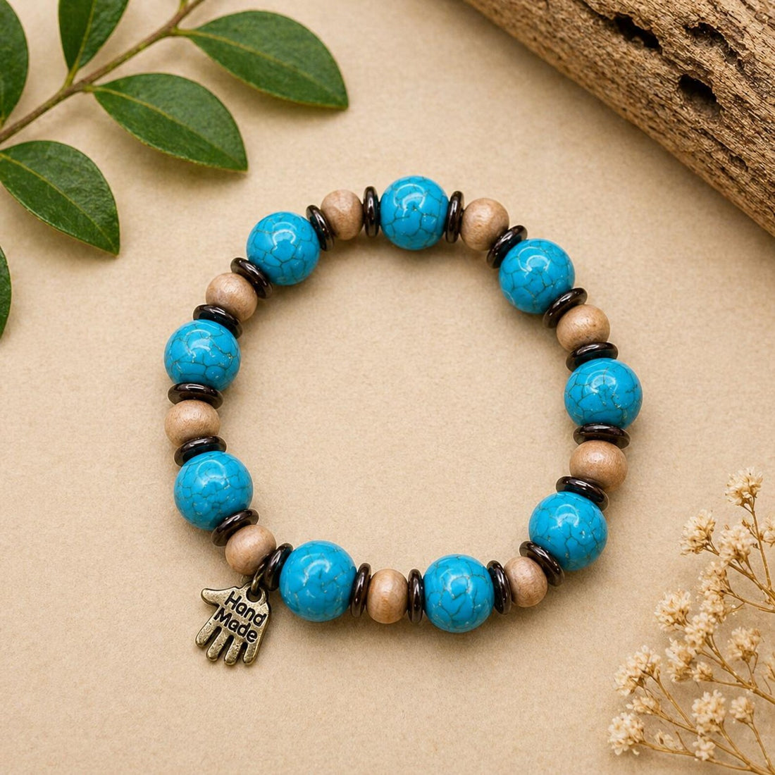 Turquoise Beaded Stretch Bracelet with Wooden Accents