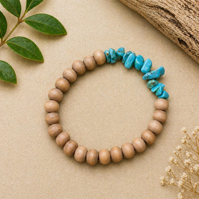 Turquoise Chip &amp; Natural Wood Stretch Bead Bracelet