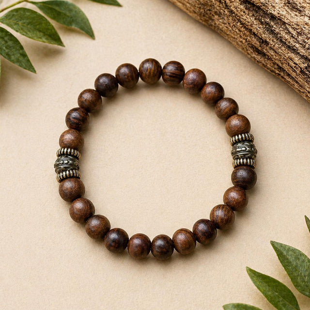 Natural Wooden Bead Bracelet With Antique Spacer Accents