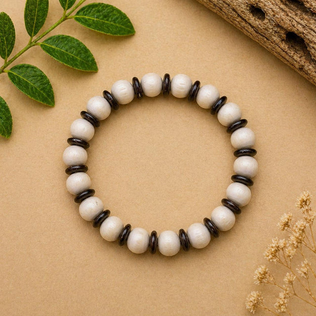 Natural Light Wood Bead Bracelet With Dark Spacer Accents