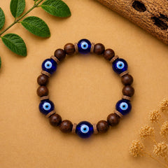 Evil Eye Bead Bracelet with Wooden Beads & Leather Spacers