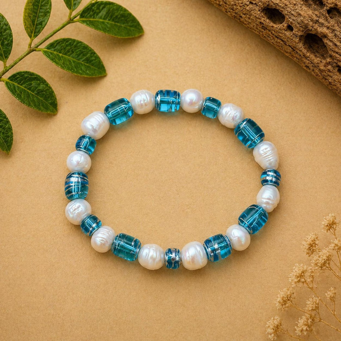 Teal Glass &amp; Freshwater Pearl Bracelet