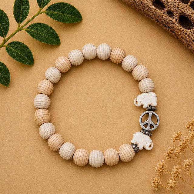 Boho Wood Bead Bracelet with Elephant Charm