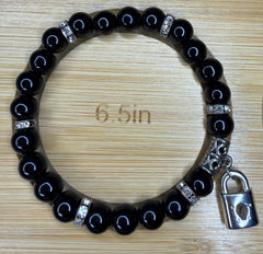 Black Beaded Lock Charm Bracelet