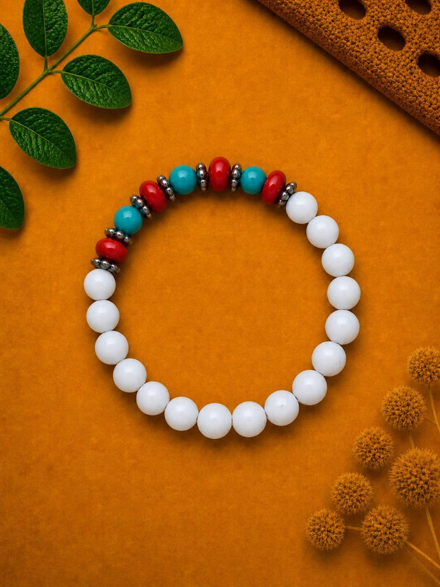 White, Turquoise &amp; Red Beaded Bracelet