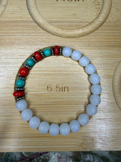 White, Turquoise &amp; Red Beaded Bracelet
