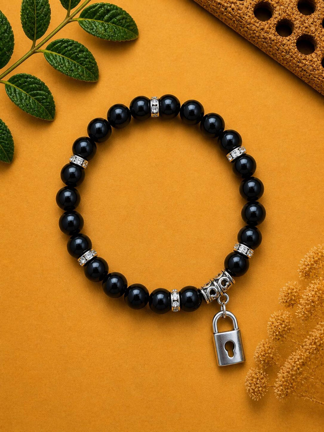 Black Beaded Lock Charm Bracelet