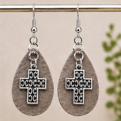 Leather Teardrop Cross Earrings