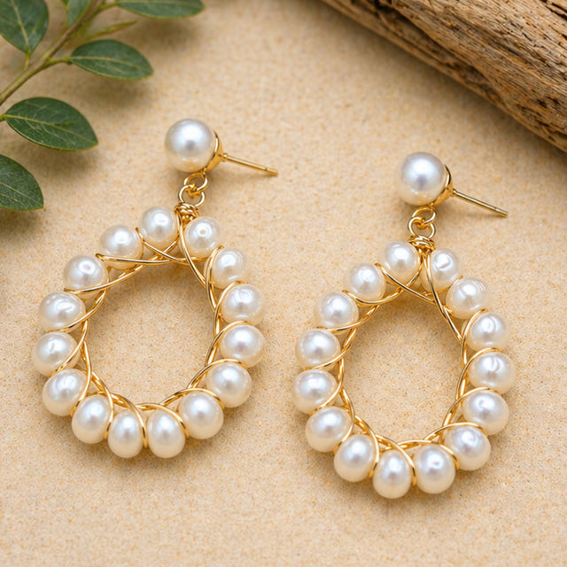 Elegant Gold Woven Pearl Hoop Earrings