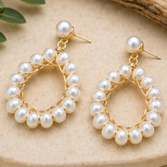 Elegant Gold Woven Pearl Hoop Earrings