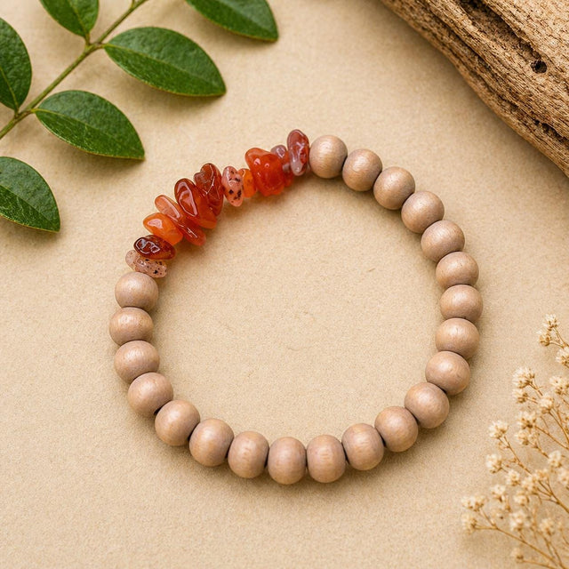 Red Agate & Natural Wood Bead Bracelet