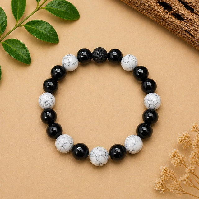 White Howlite Bracelet with Lava Stone and Black Beads