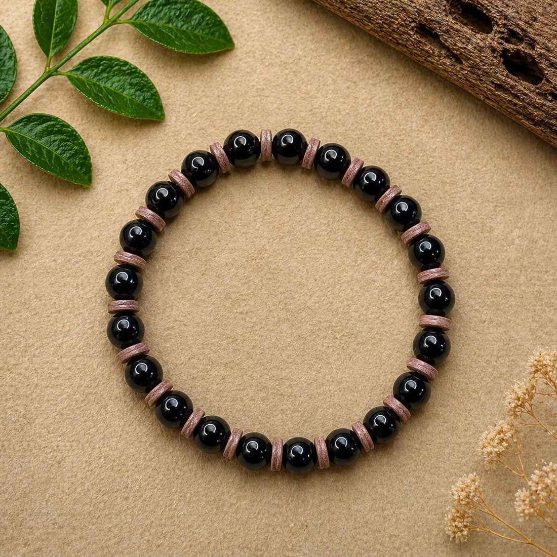 Black Bead Bracelet with Leather Spacer Accents