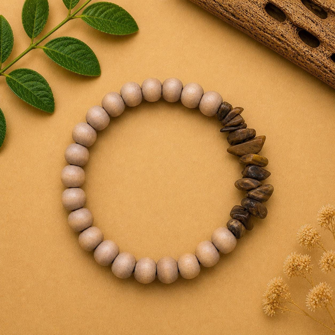 Matte Tiger’s Eye Chip and Wood Bead Bracelet