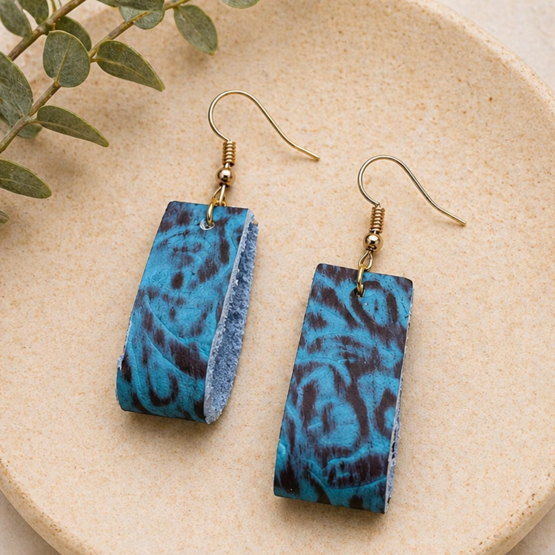 Genuine Turquoise & Brown Leather Dangle Earrings