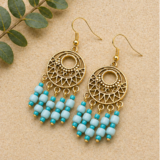 Boho Gold Filigree Earrings with Turquoise Beads