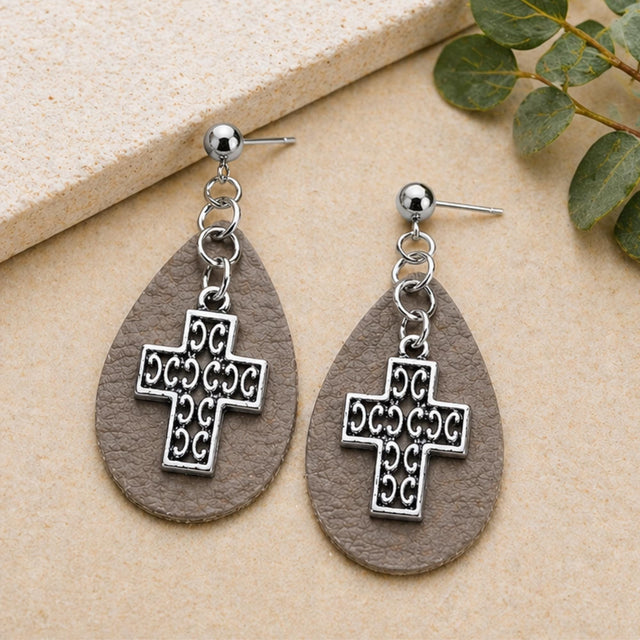 Leather Teardrop Cross Earrings