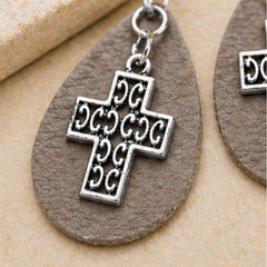 Leather Teardrop Cross Earrings
