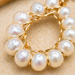 Elegant Gold Woven Pearl Hoop Earrings