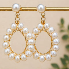 Elegant Gold Woven Pearl Hoop Earrings